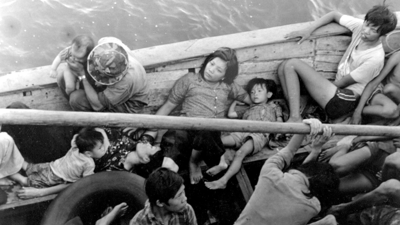Vietnamese refugees in a boat
