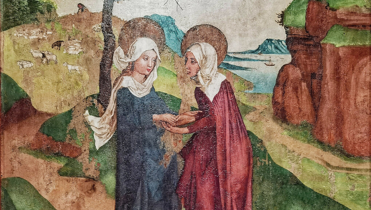 Mary greets her cousin Elizabeth in the Visitation