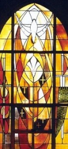 Stained-glass window in St. Joseph's Chapel that Sister Hiltrudis Powers designed and help make.