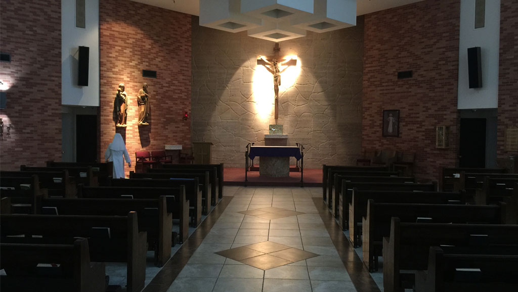 Exploring the chapel before the podcast.