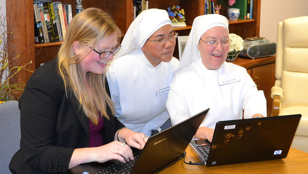 Jane hanging out in the chat room with Sister Marie Cecilia (middle) and Sister Ellen Anne.