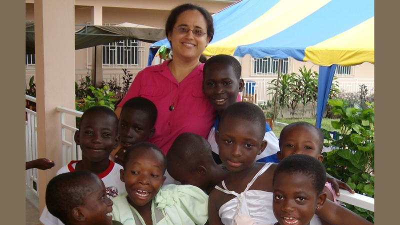 Sister Verónica and second graders at Our Lady of Holy Cross School in Kasoa, Ghana
