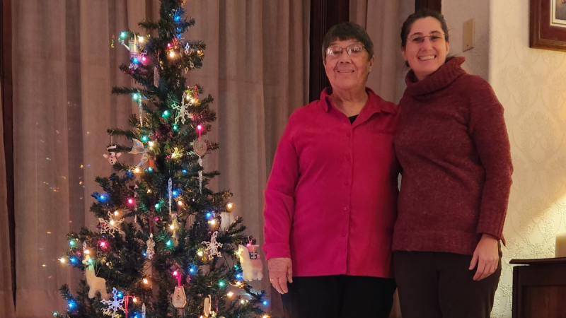 Sister Rejane and Sister Pat with their Christmas tree