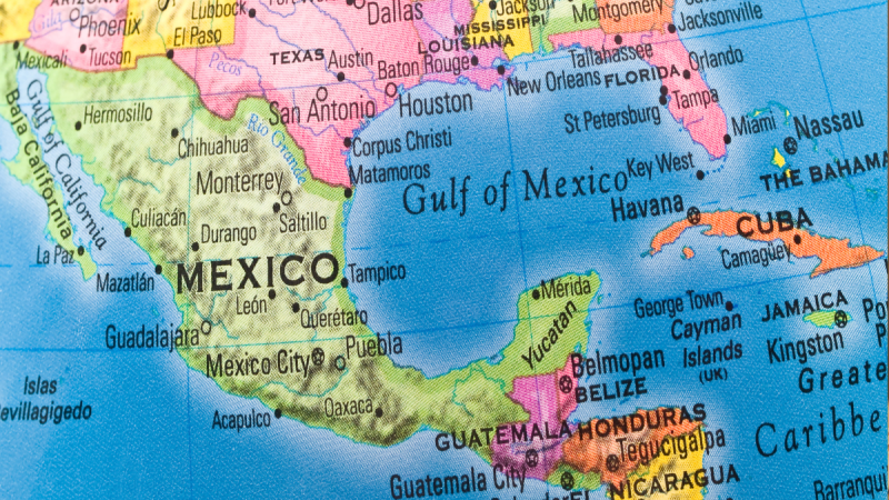 A section of the globe showing North and Central America